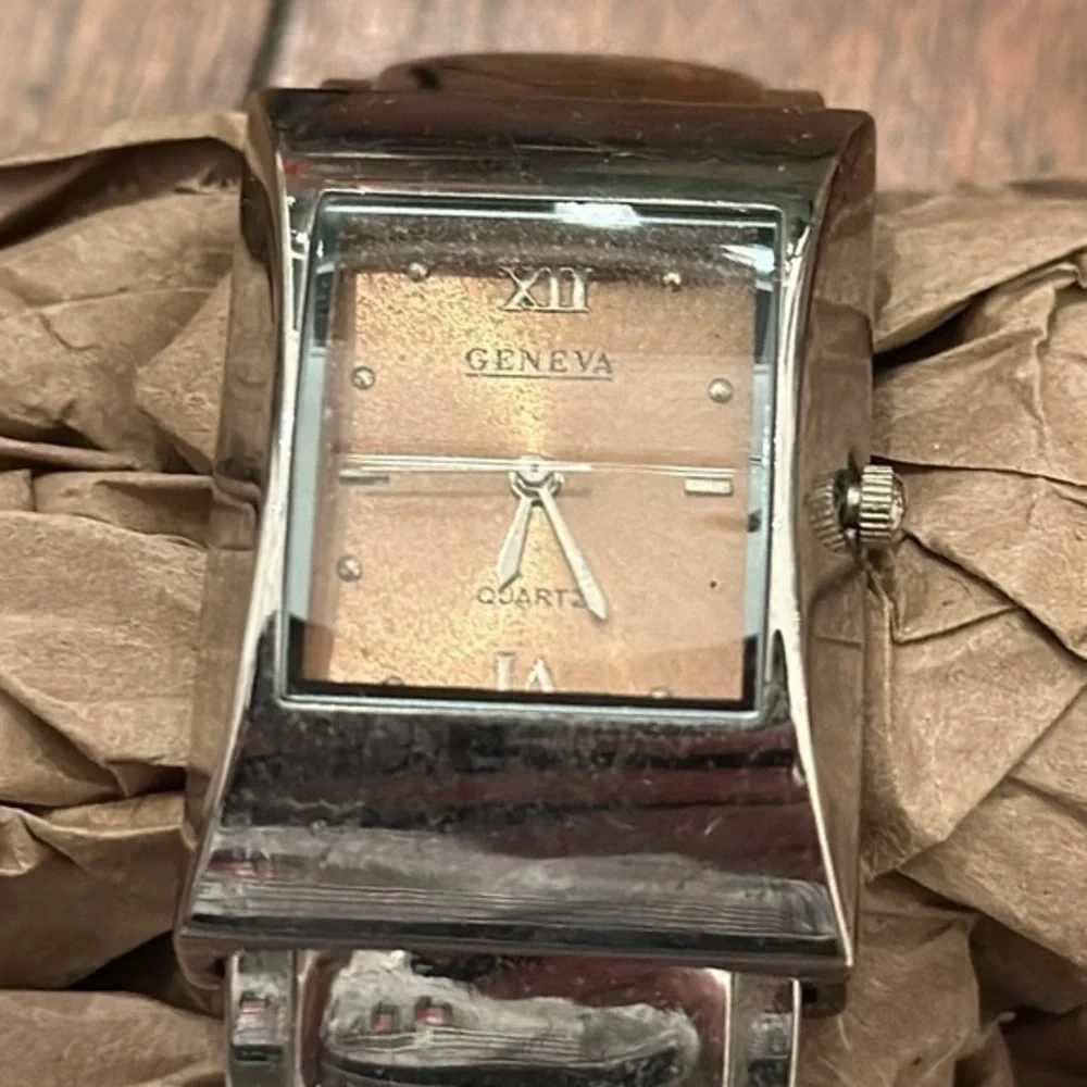 Geneva silver tone quartz cuff watch